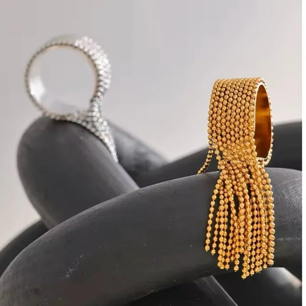 NEW Tassel Fringe Statement Ring 18K Gold Plated Open Adjustable Maximalist